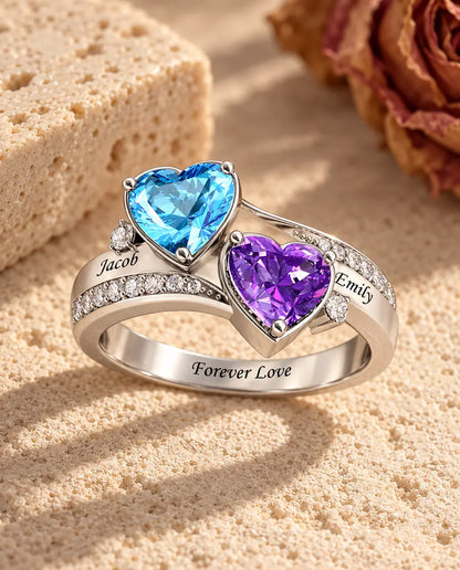 2 Birthstone Name Ring - three-quarter view showing names and birthstones