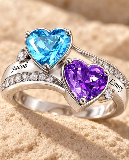 2 Birthstone Name Ring - close-up of the birthstones and engraved names