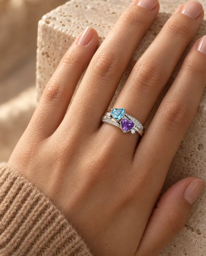 2 Birthstone Name Ring - worn on the hand, close-up
