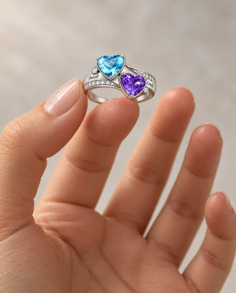2 Birthstone Name Ring - held between the fingers