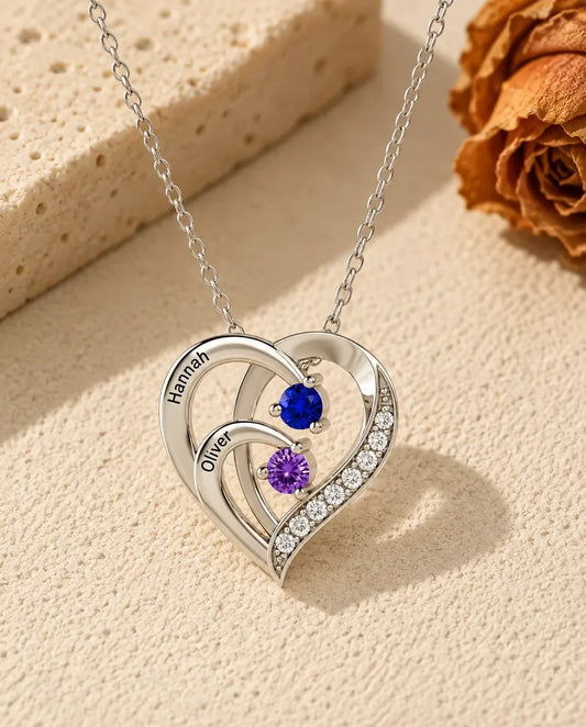 Personalized 2 Name Birthstone Necklace - front view in silver