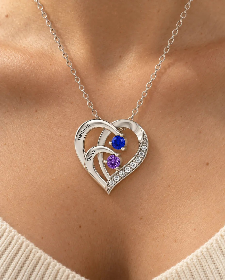 Personalized 2 Name Birthstone Necklace - worn on a model