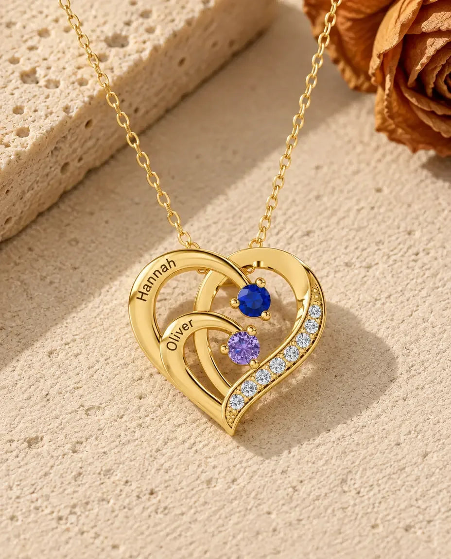 Personalized 2 Name Birthstone Necklace - in gold finish