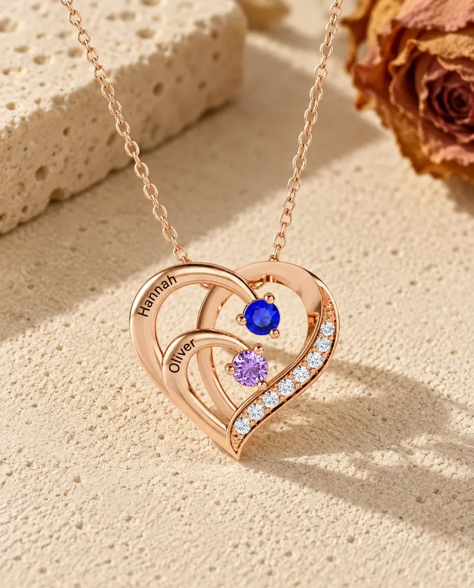 Personalized 2 Name Birthstone Necklace - in rose gold finish