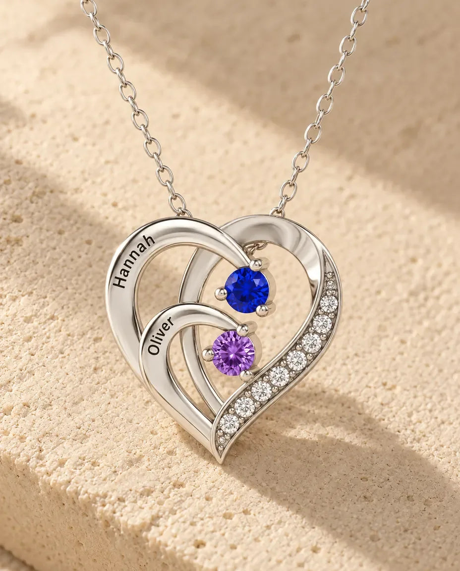 Personalized 2 Name Birthstone Necklace - close-up of the engraved names and birthstones