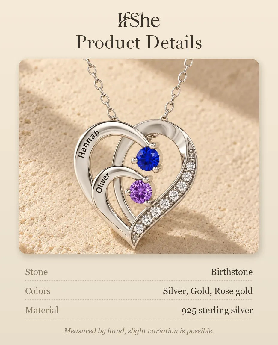 Personalized 2 Name Birthstone Necklace - size and material details