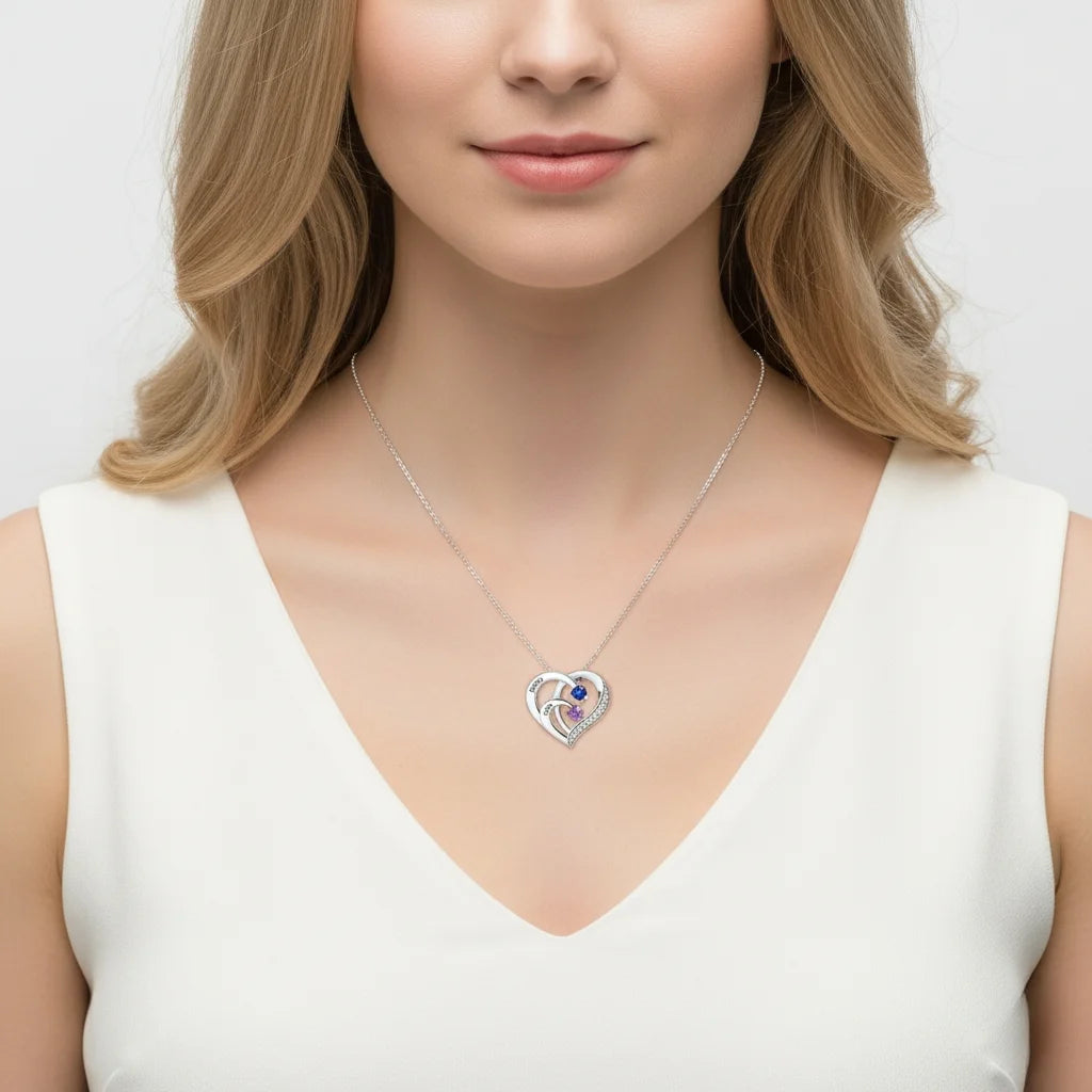 Engraved Sterling Silver Heart Personalized Necklace with Birthstones