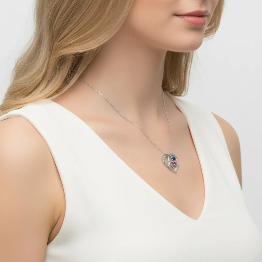 Engraved Sterling Silver Heart Personalized Necklace with Birthstones