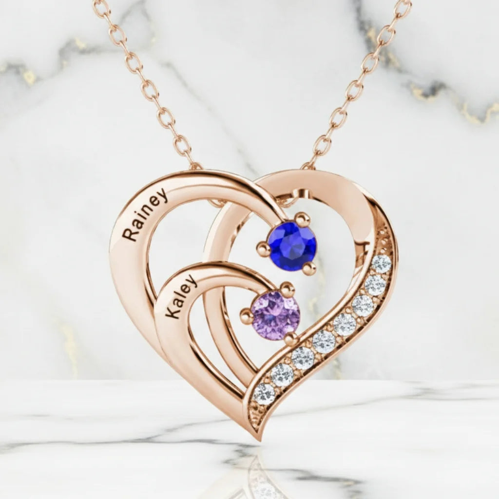 Engraved Sterling Silver Heart Personalized Necklace with Birthstones
