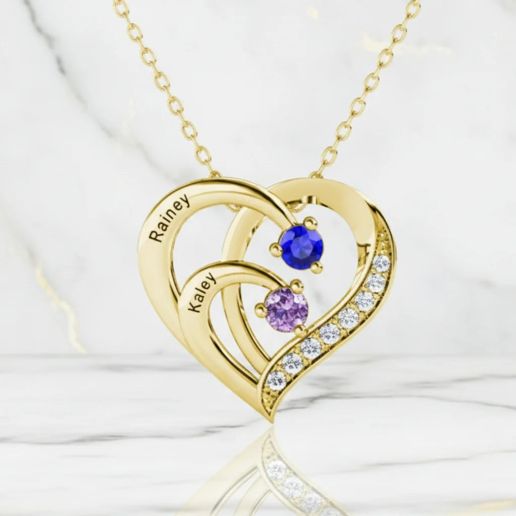 Engraved Sterling Silver Heart Personalized Necklace with Birthstones