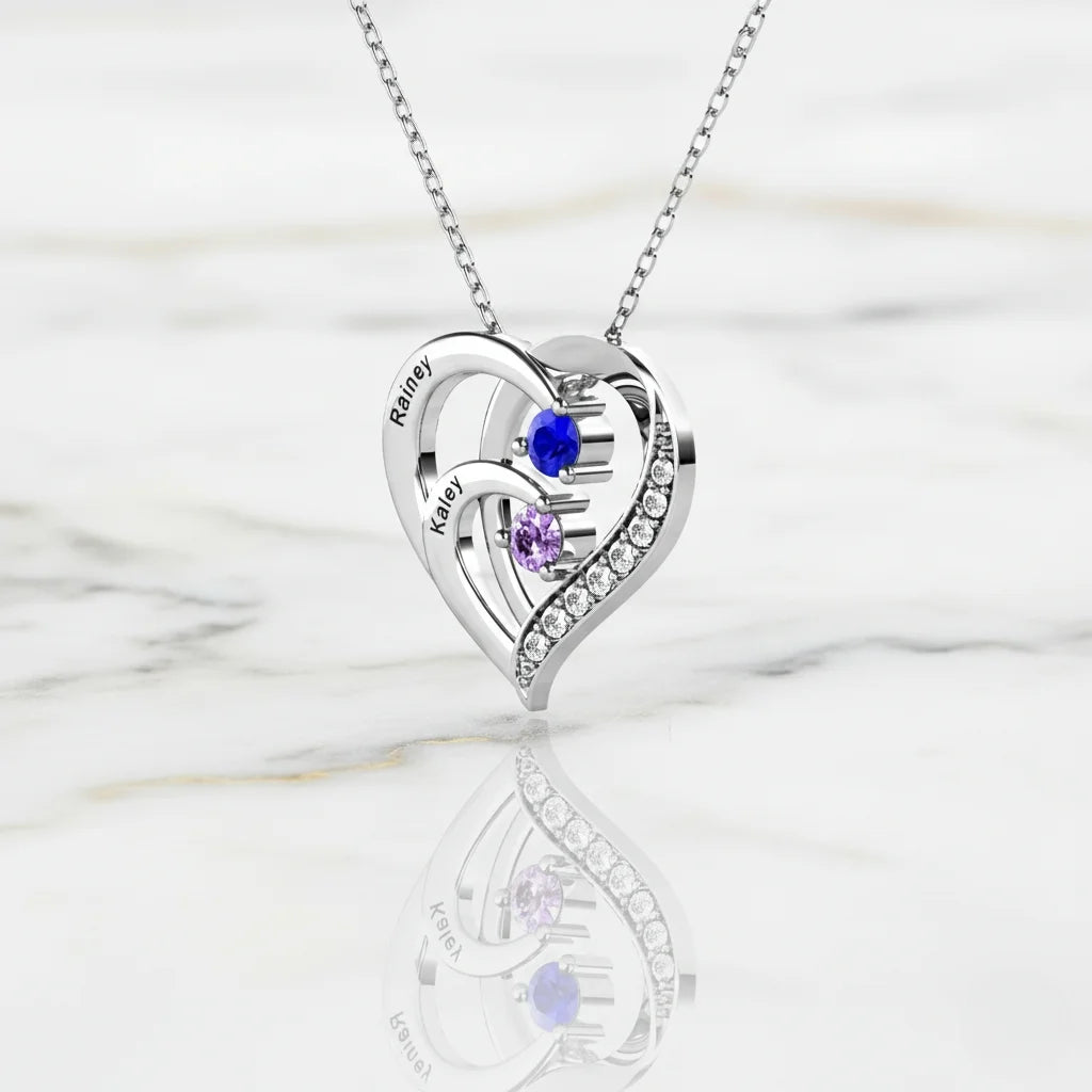 Engraved Sterling Silver Heart Personalized Necklace with Birthstones