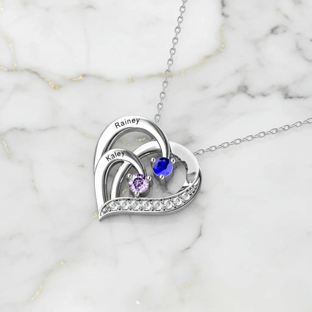 Engraved Sterling Silver Heart Personalized Necklace with Birthstones