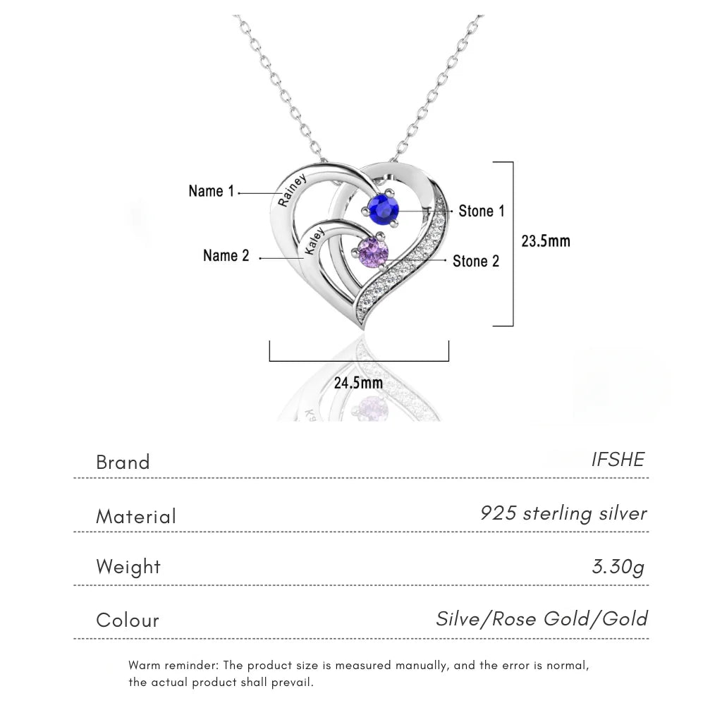 Engraved Sterling Silver Heart Personalized Necklace with Birthstones