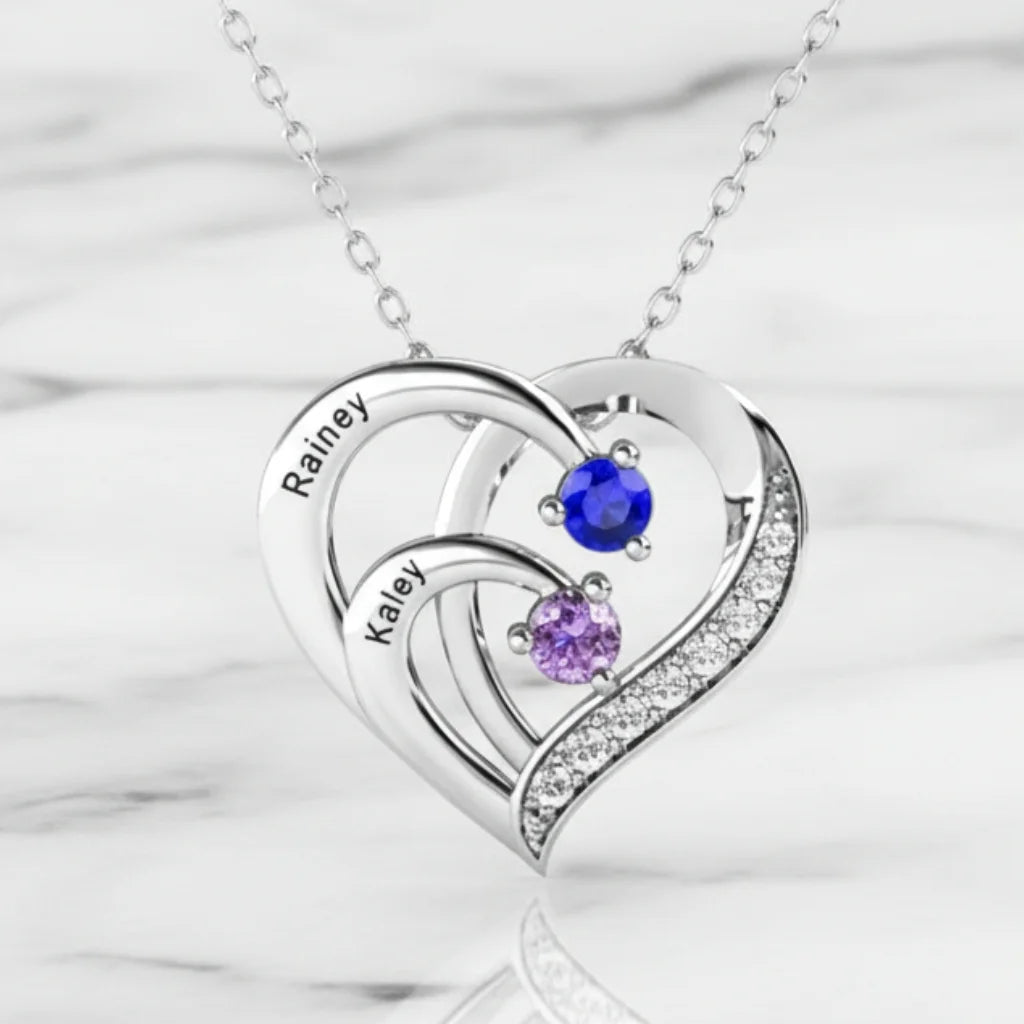 Engraved Sterling Silver Heart Personalized Necklace with Birthstones