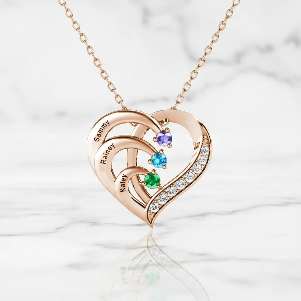 Sterling Silver Heart Name Personalized Necklace with 3 Birthstones