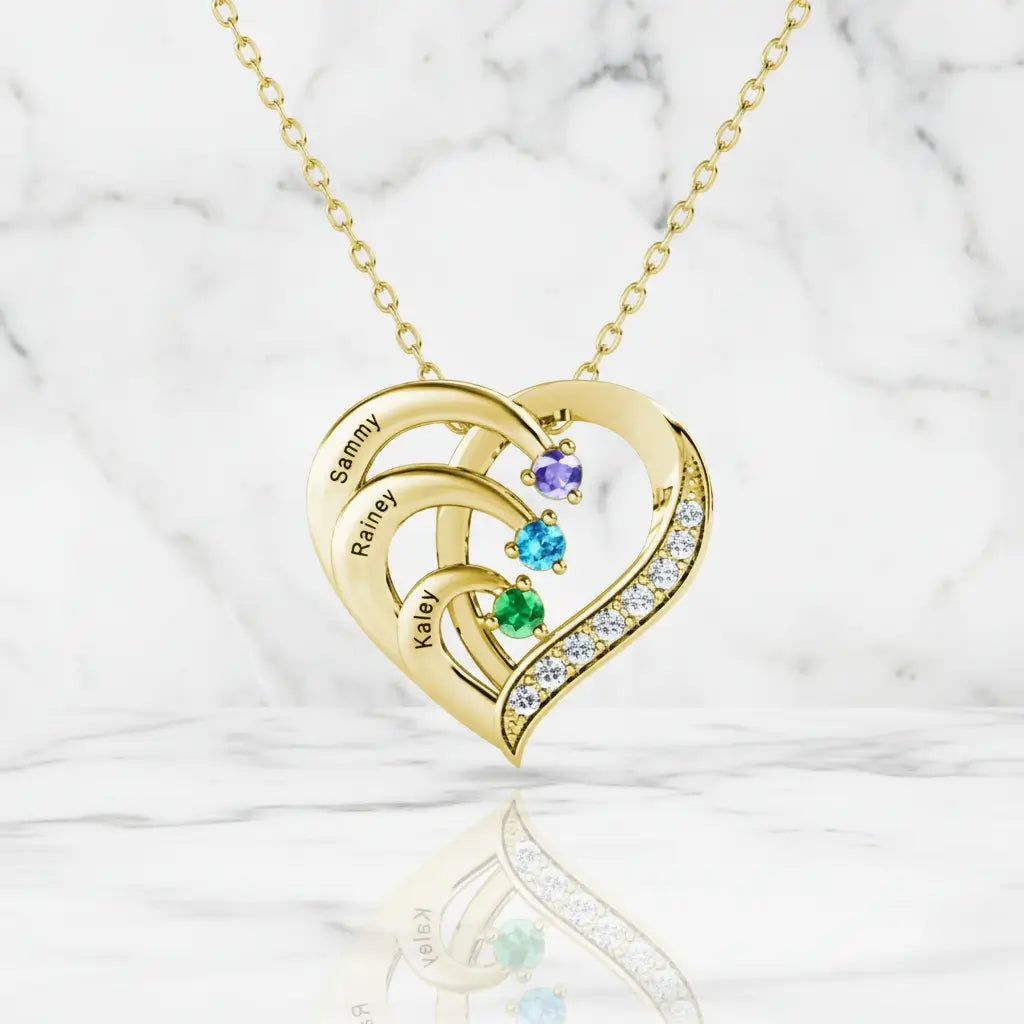 Sterling Silver Heart Name Personalized Necklace with 3 Birthstones