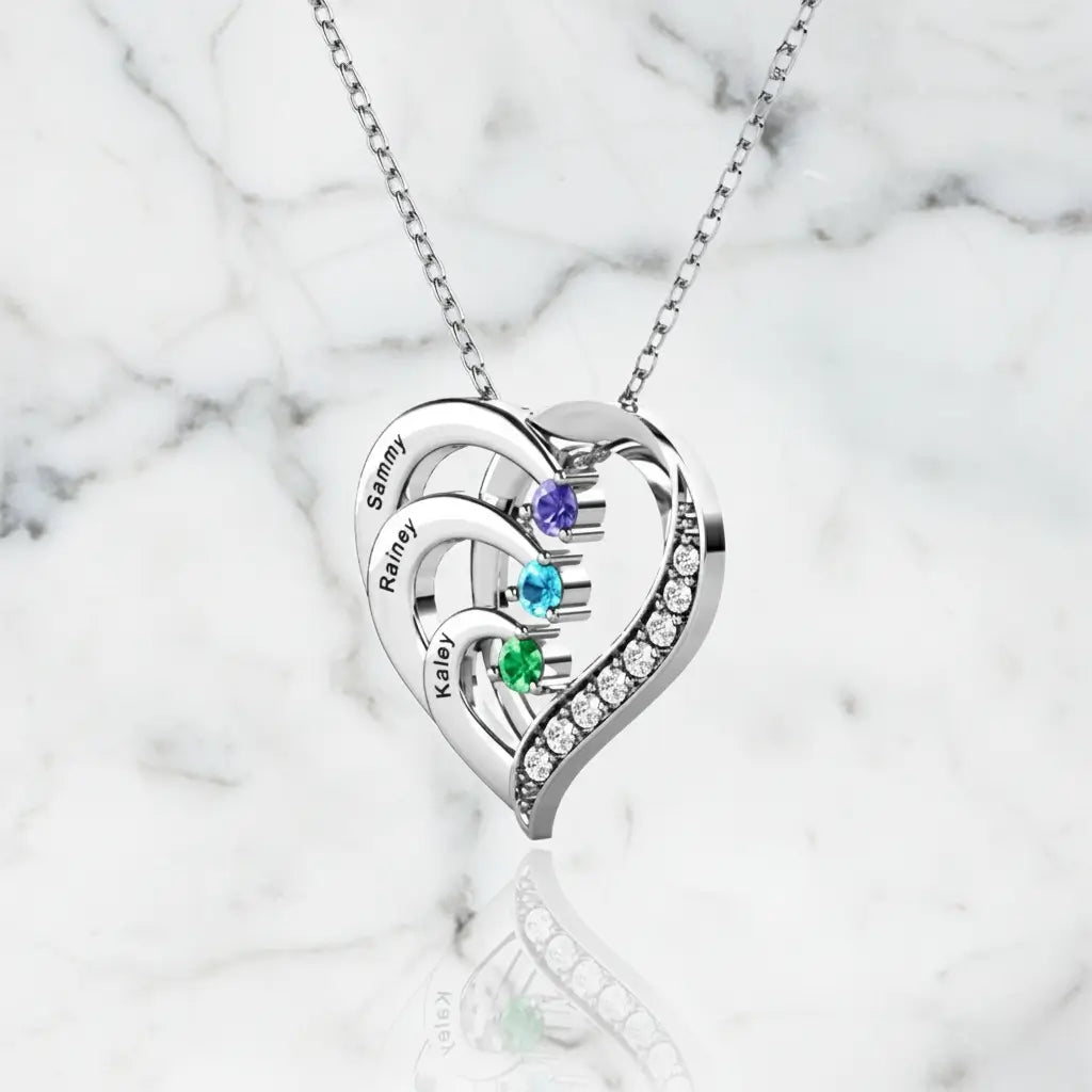 Sterling Silver Heart Name Personalized Necklace with 3 Birthstones