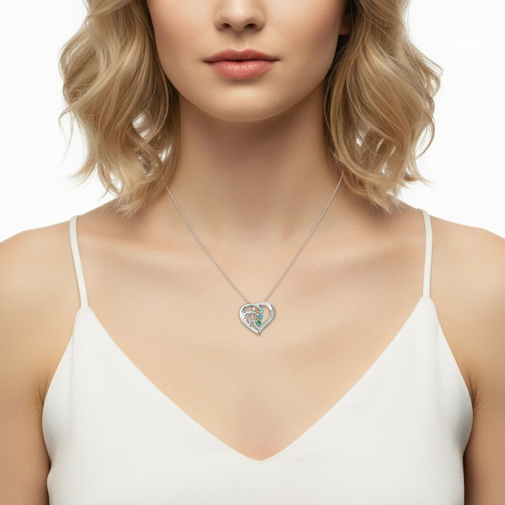 Sterling Silver Heart Name Personalized Necklace with 3 Birthstones