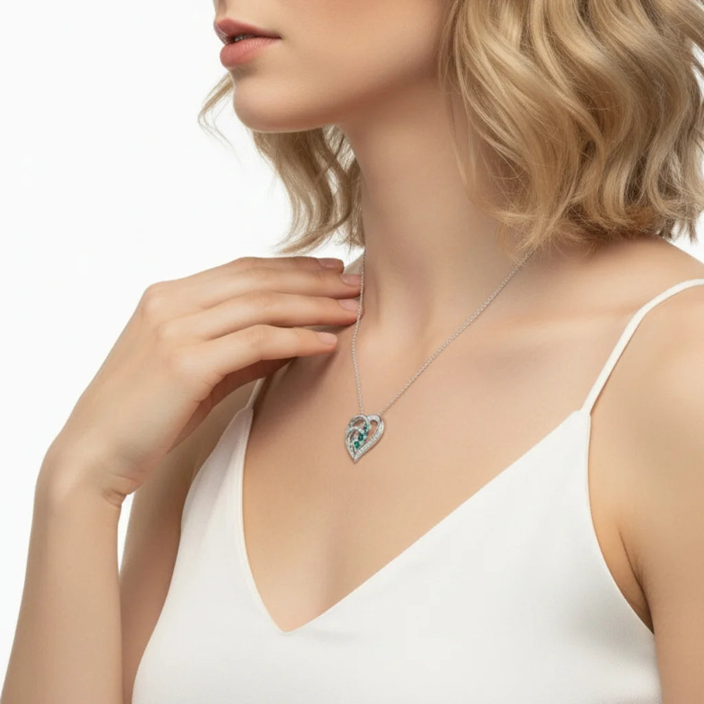 Sterling Silver Heart Name Personalized Necklace with 3 Birthstones