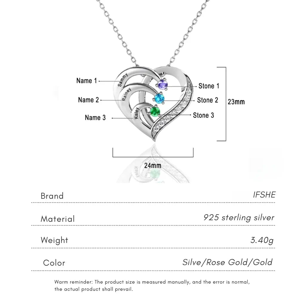Sterling Silver Heart Name Personalized Necklace with 3 Birthstones