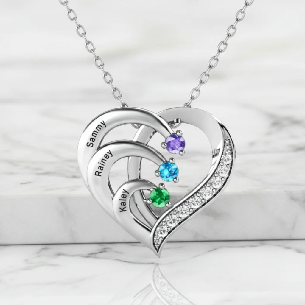 Sterling Silver Heart Name Personalized Necklace with 3 Birthstones