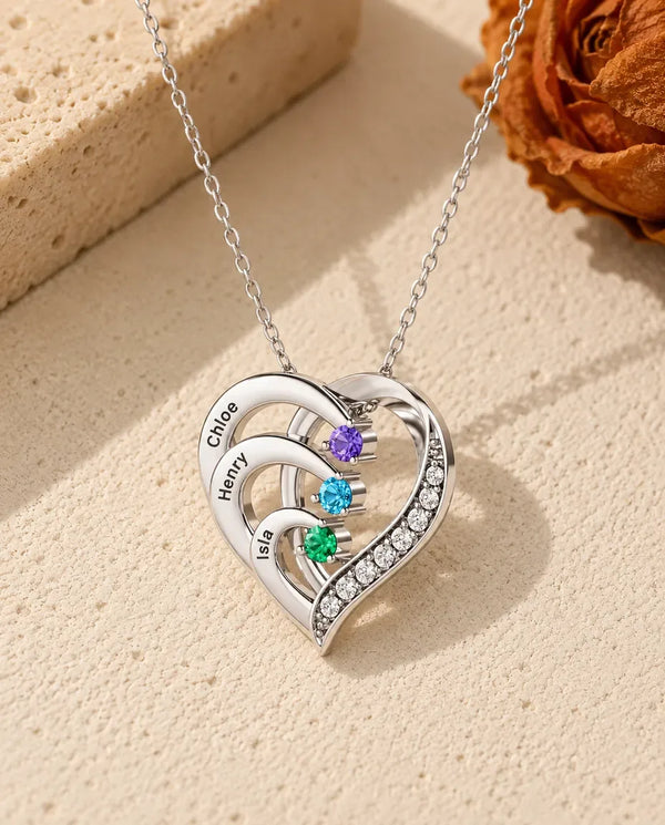 Personalized 3 Name Birthstone Necklace – Intertwined Hearts, 925 Sterling Silver, Custom Names & Stones, Family Gift for Mom & Grandma