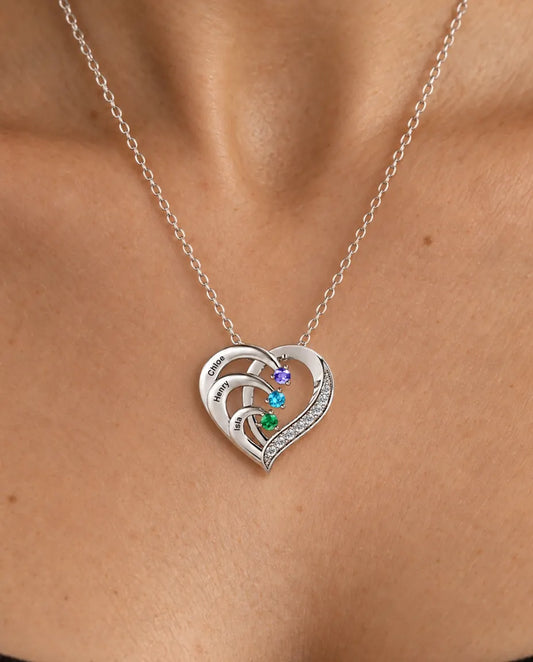 Personalized 3 Name Birthstone Necklace - worn on a model