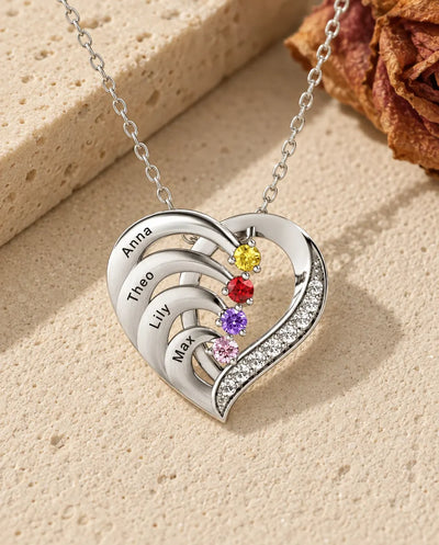 Personalized 4 Name Birthstone Necklace – Heart Pendant, 925 Sterling Silver, Custom Names & Stones, Family Gift for Mom & Grandma
