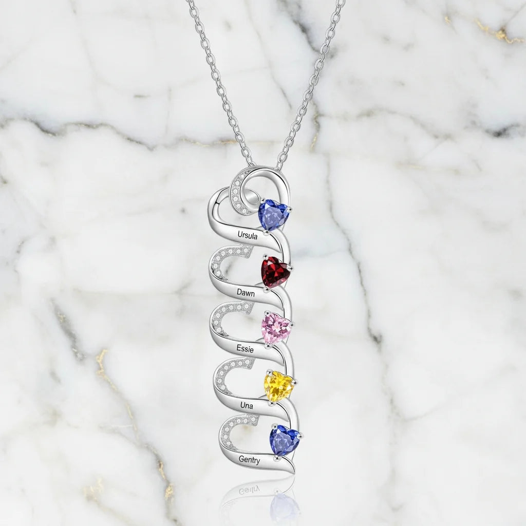 Custom Engraved 2-5 Name Personalized Birthstone Necklace for Mom, Grandma, or Sister