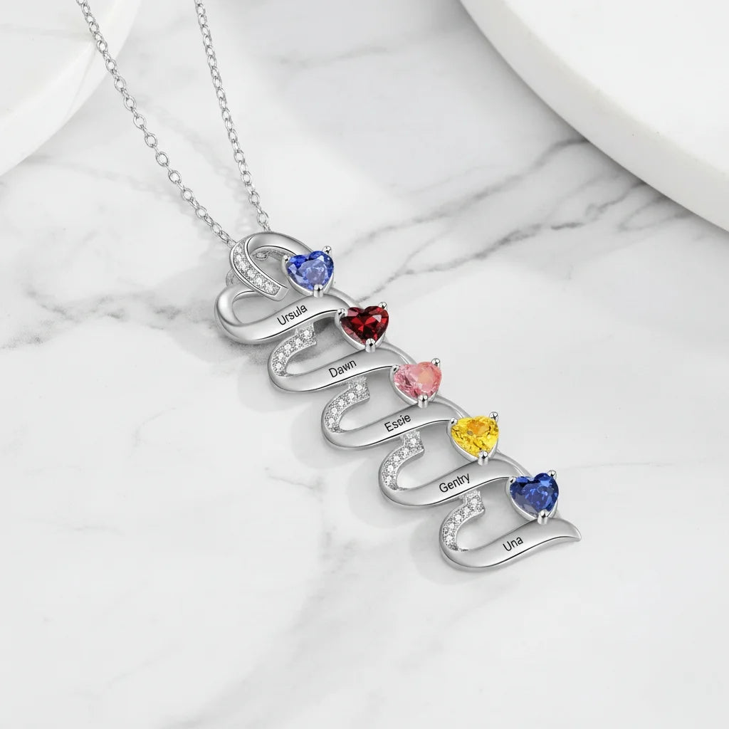 Custom Engraved 2-5 Name Personalized Birthstone Necklace for Mom, Grandma, or Sister