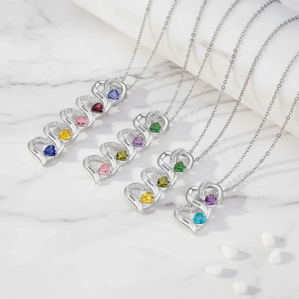 Custom Engraved 2-5 Name Personalized Birthstone Necklace for Mom, Grandma, or Sister