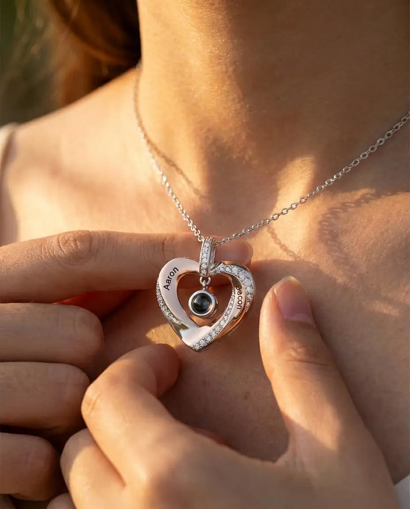 Custom Engraved Heart Photo Projection Necklace - Picture Inside Pendant IfShe Jewelry