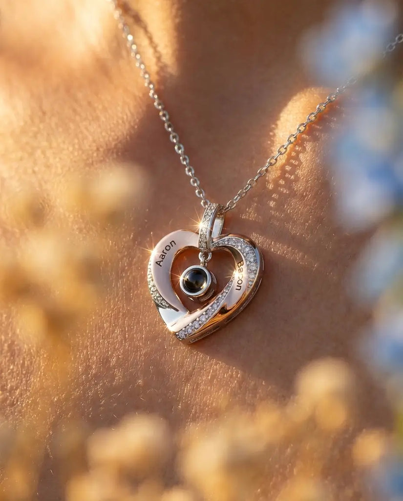 Custom Engraved Heart Photo Projection Necklace - Picture Inside Pendant IfShe Jewelry