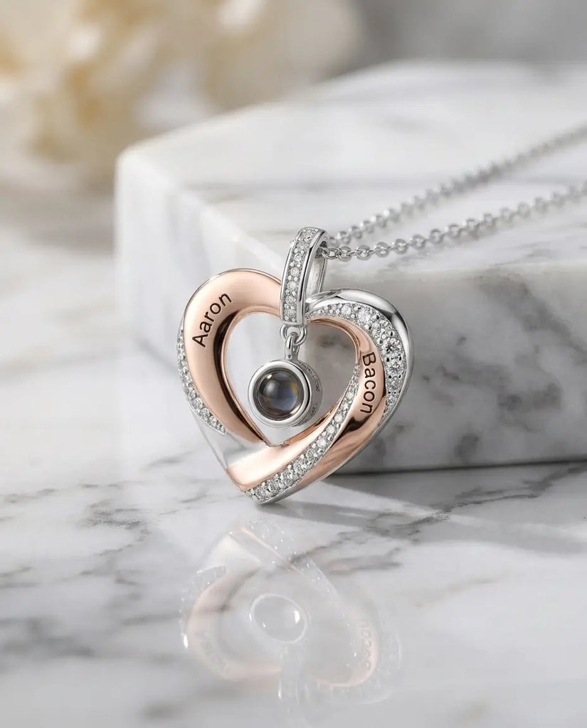 Custom Engraved Heart Photo Projection Necklace - Picture Inside Pendant IfShe Jewelry