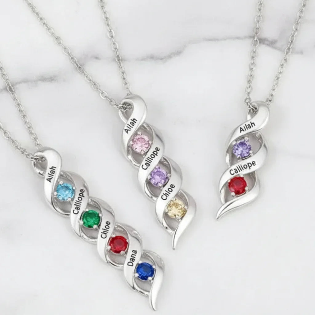 Custom Engraved Name & Birthstone Scroll Necklace for Mom/Grandma