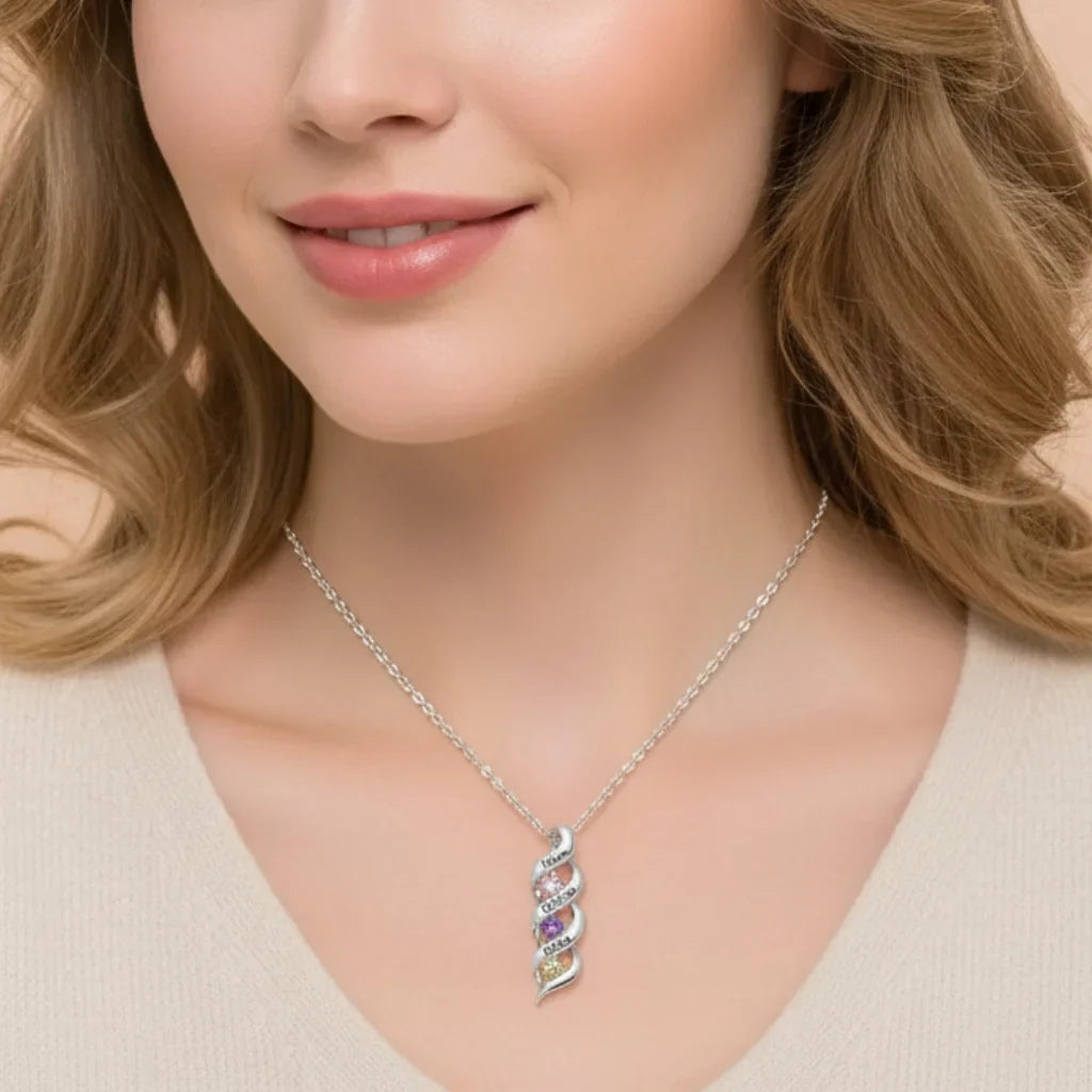 Custom Engraved Name & Birthstone Scroll Necklace for Mom/Grandma