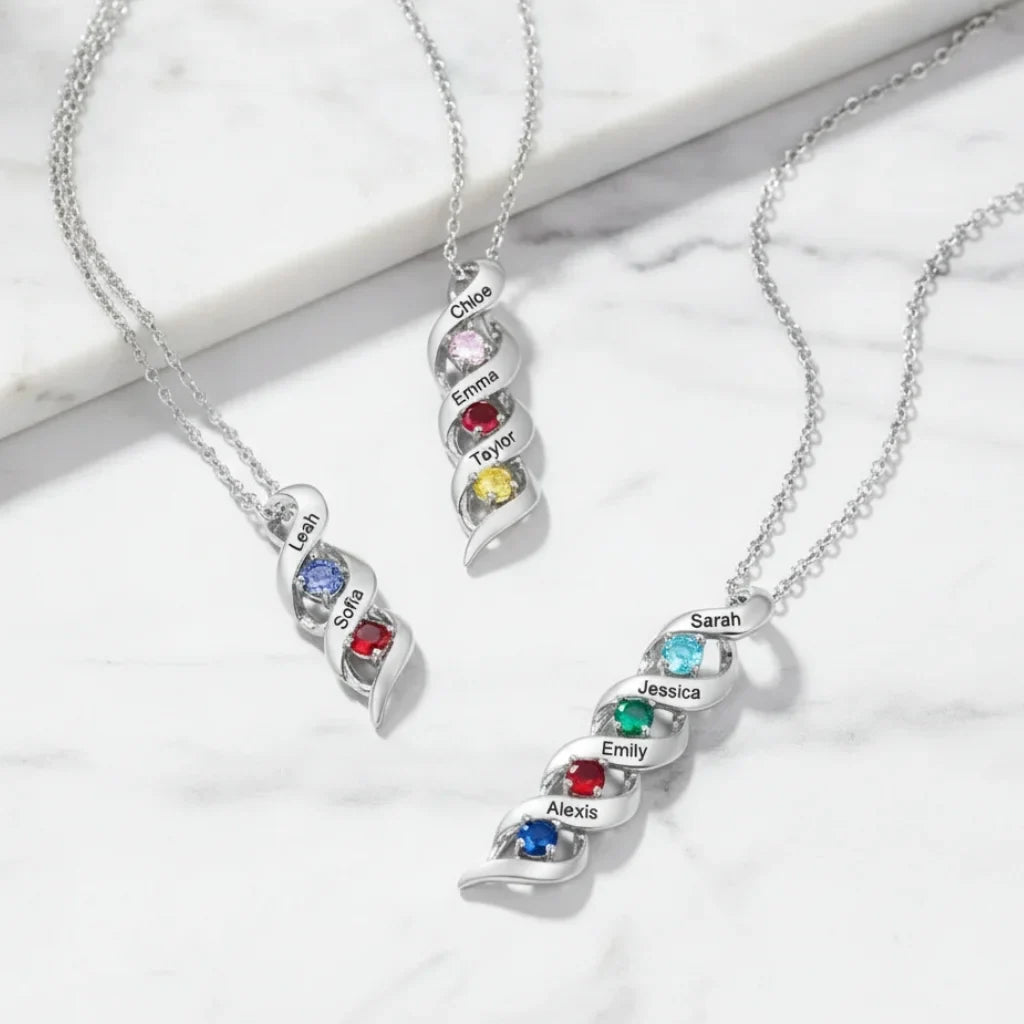 Custom Engraved Name & Birthstone Scroll Necklace for Mom/Grandma