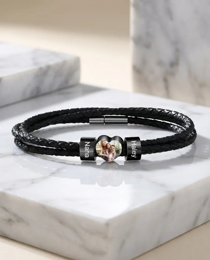 Custom Men's Braided Leather Photo Bracelet - 2 Name Beads IfShe Jewelry