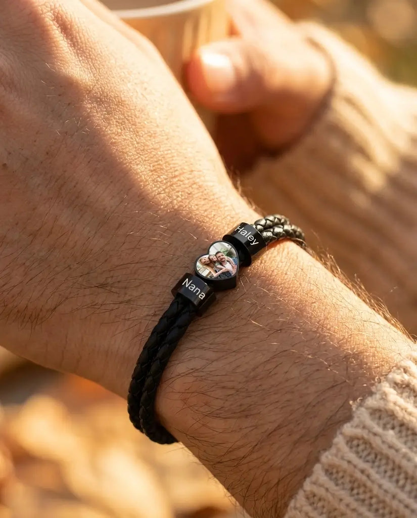 Custom Men's Braided Leather Photo Bracelet - 2 Name Beads IfShe Jewelry