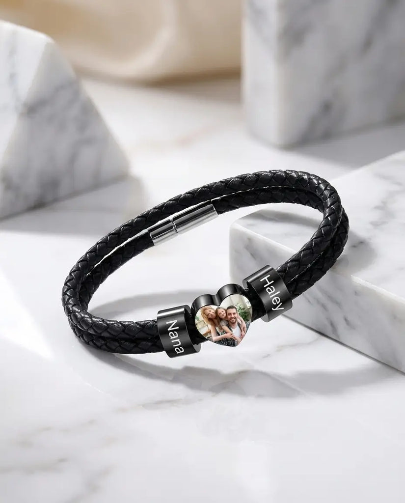 Custom Men's Braided Leather Photo Bracelet - 2 Name Beads IfShe Jewelry