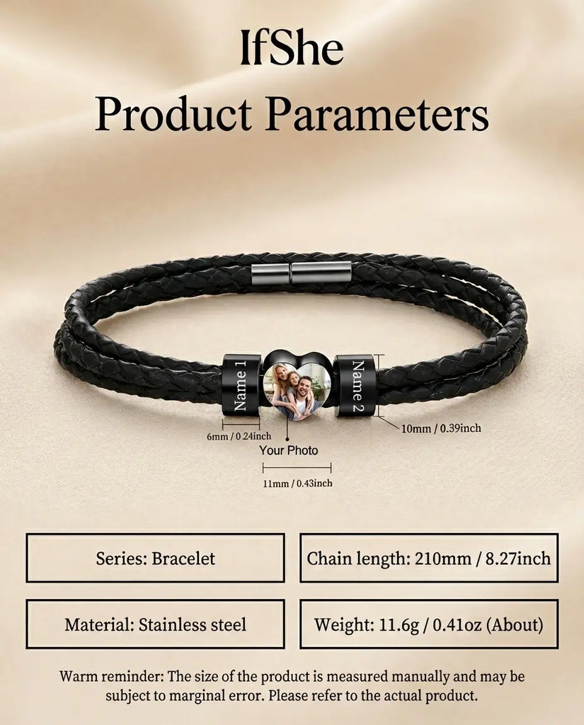 Custom Men's Braided Leather Photo Bracelet - 2 Name Beads IfShe Jewelry