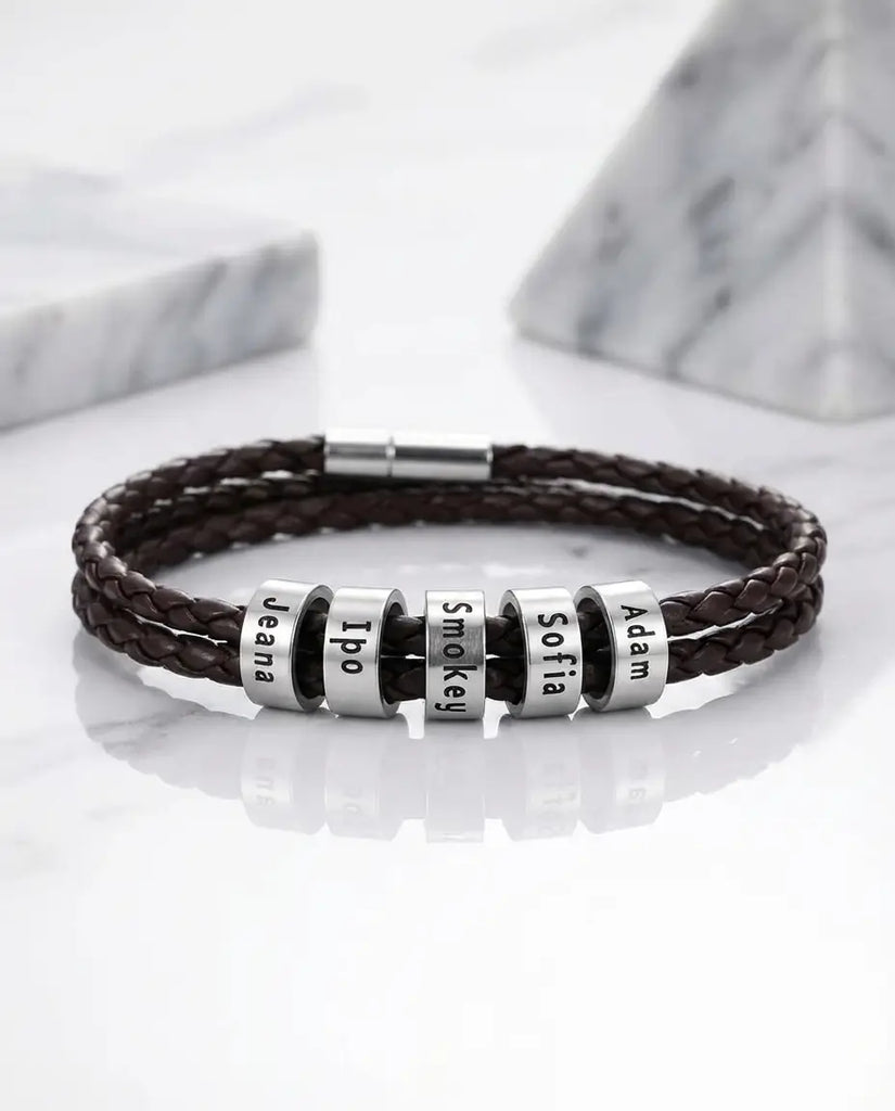 Custom Men's Leather Bracelet with Engraved Name Beads - S925 Silver IfShe Jewelry