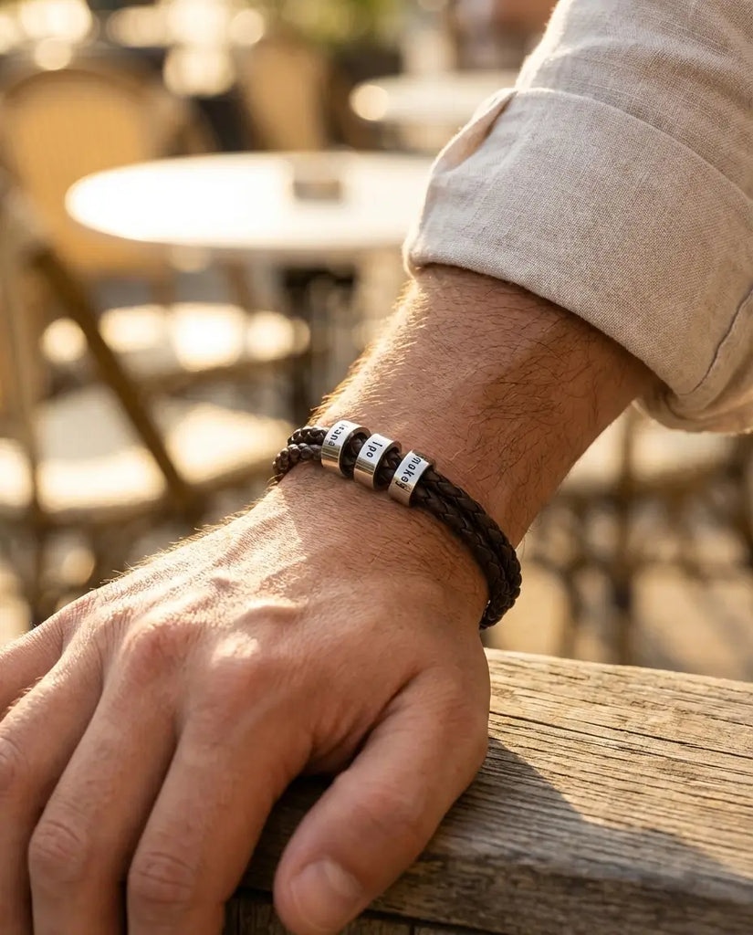 Custom Men's Leather Bracelet with Engraved Name Beads - S925 Silver IfShe Jewelry