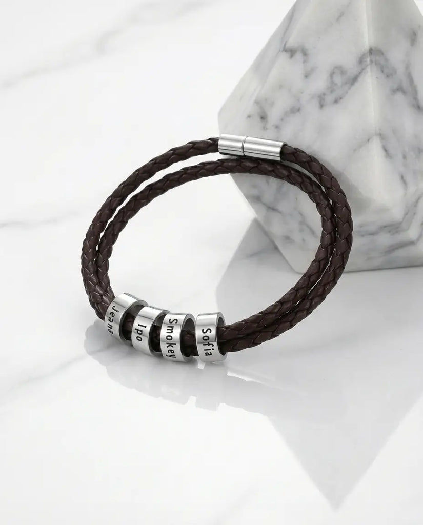 Custom Men's Leather Bracelet with Engraved Name Beads - S925 Silver IfShe Jewelry