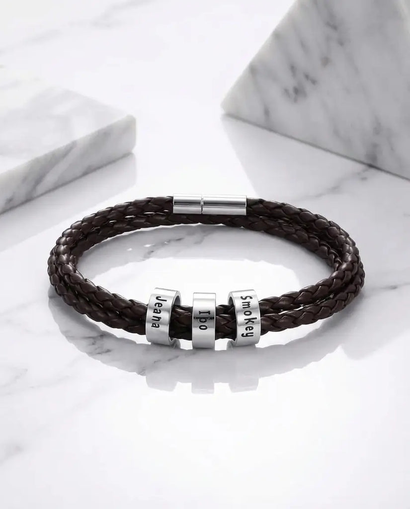 Custom Men's Leather Bracelet with Engraved Name Beads - S925 Silver IfShe Jewelry