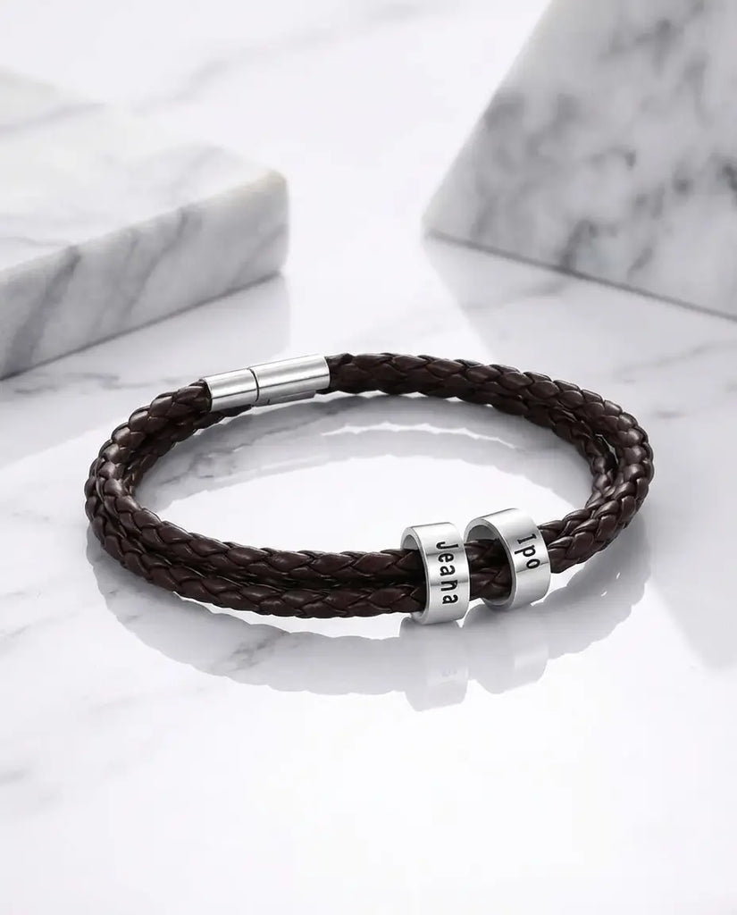 Custom Men's Leather Bracelet with Engraved Name Beads - S925 Silver IfShe Jewelry