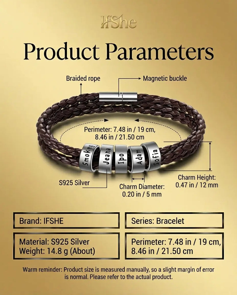 Custom Men's Leather Bracelet with Engraved Name Beads - S925 Silver IfShe Jewelry