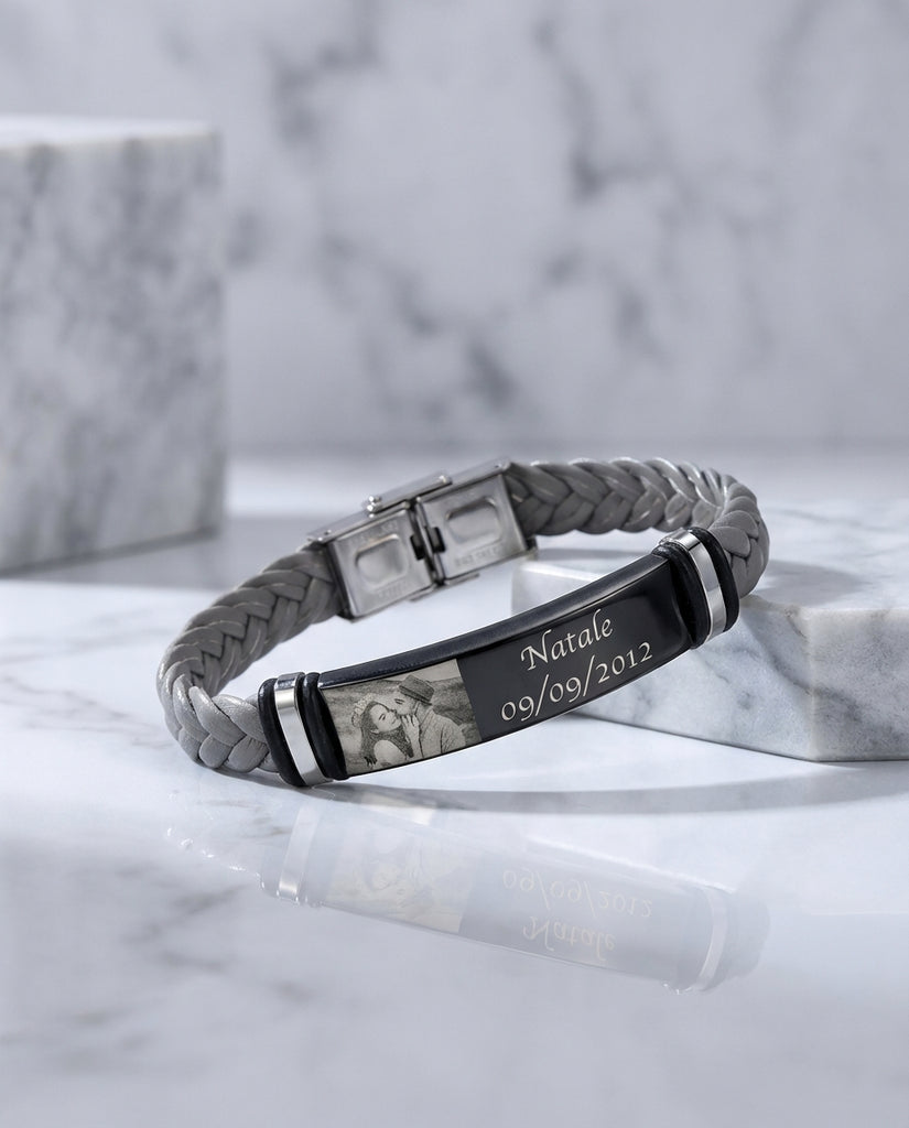 Custom Men's Photo Bracelet - Engraved Braided Leather ID Wristband IfShe Jewelry