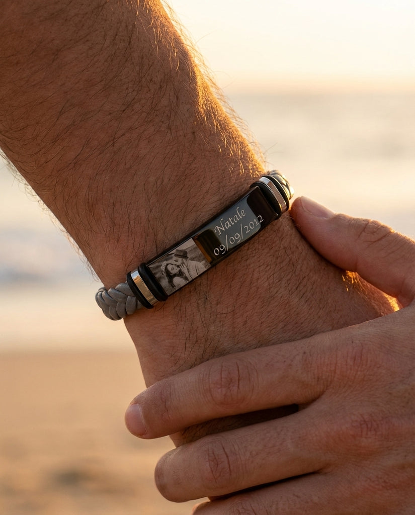 Custom Men's Photo Bracelet - Engraved Braided Leather ID Wristband IfShe Jewelry