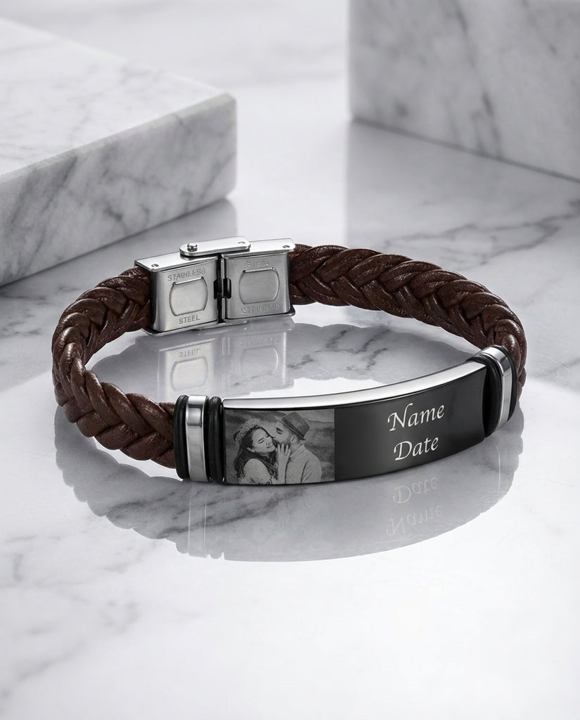 Custom Men's Photo Bracelet - Engraved Braided Leather ID Wristband IfShe Jewelry